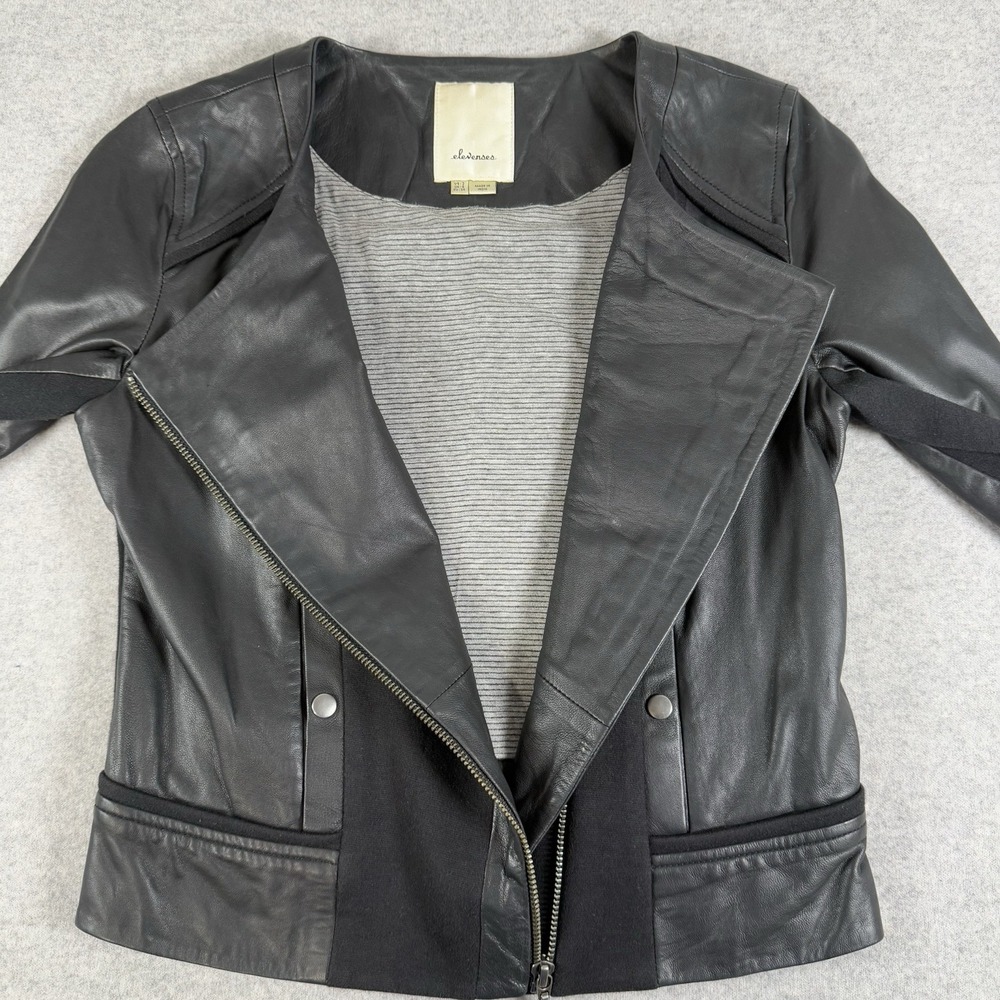 Elevenses Leather Moto Jacket Women 2 Blck Mixed Media Asymmetric Zip Minimalist - Picture 5 of 11